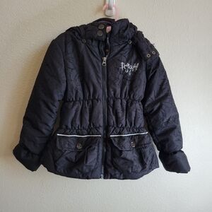 Desigual Girls Black & Pink Puffer Winter Jacket with Hood Size 5/6